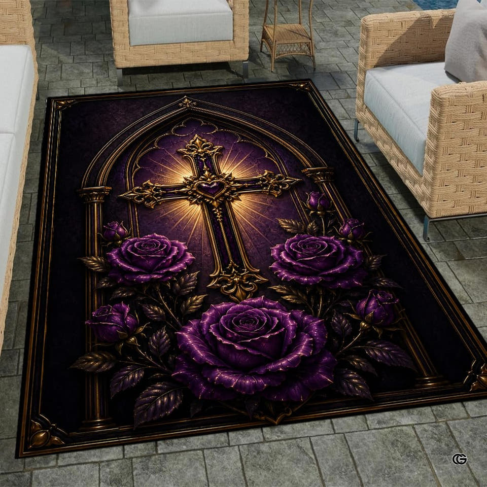 Custom Christian Rug with Name – Inspirational Faith Floral Area Carpet, Non-Skid Floor Mat for Bedroom, Living Room, Church Decor, Housewarming (Purple Roses)