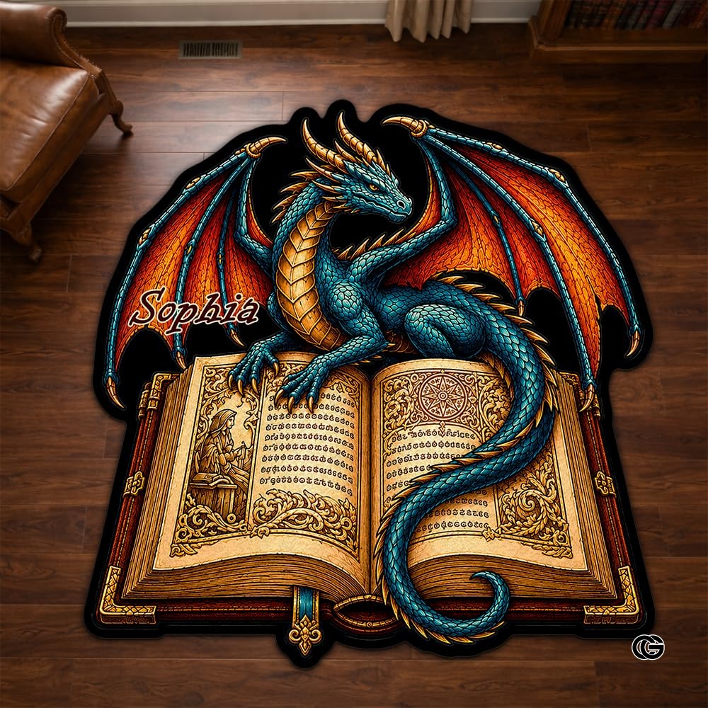 Custom Dragon Shaped Area Rug, Personalized Library Western Dragon Shaped Floor Mat Book Rug, Non-Slip Reading Room Carpet for Living Room, Bedroom, Dorm, Kids Room, Fans Lover (D5)