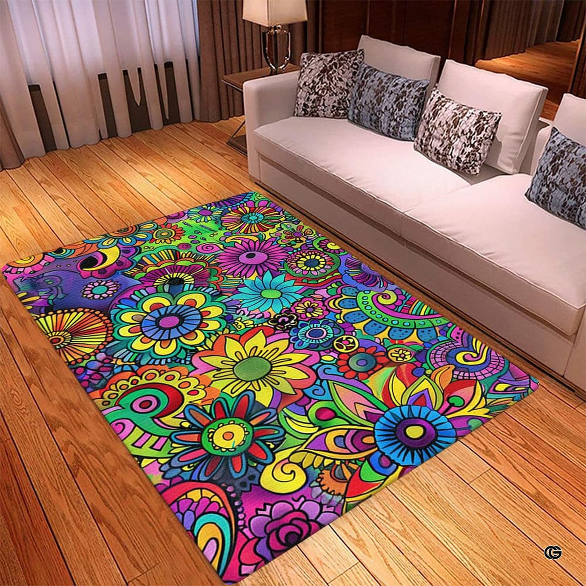 Vibrant rainbow retro floral rug styled on hardwood flooring in an artistic living room setting. - image 3 of 5