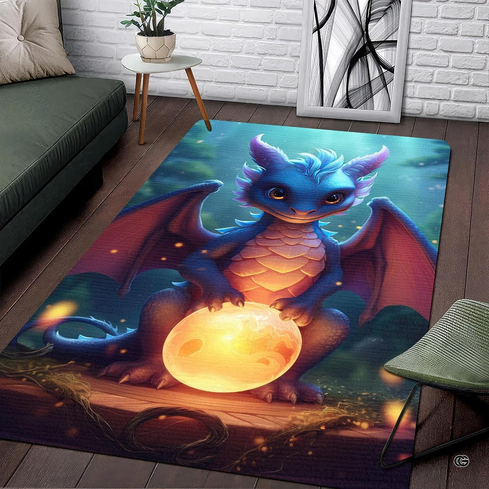 Cute dragon rug featuring a baby blue dragon holding a glowing orb in an enchanted forest.