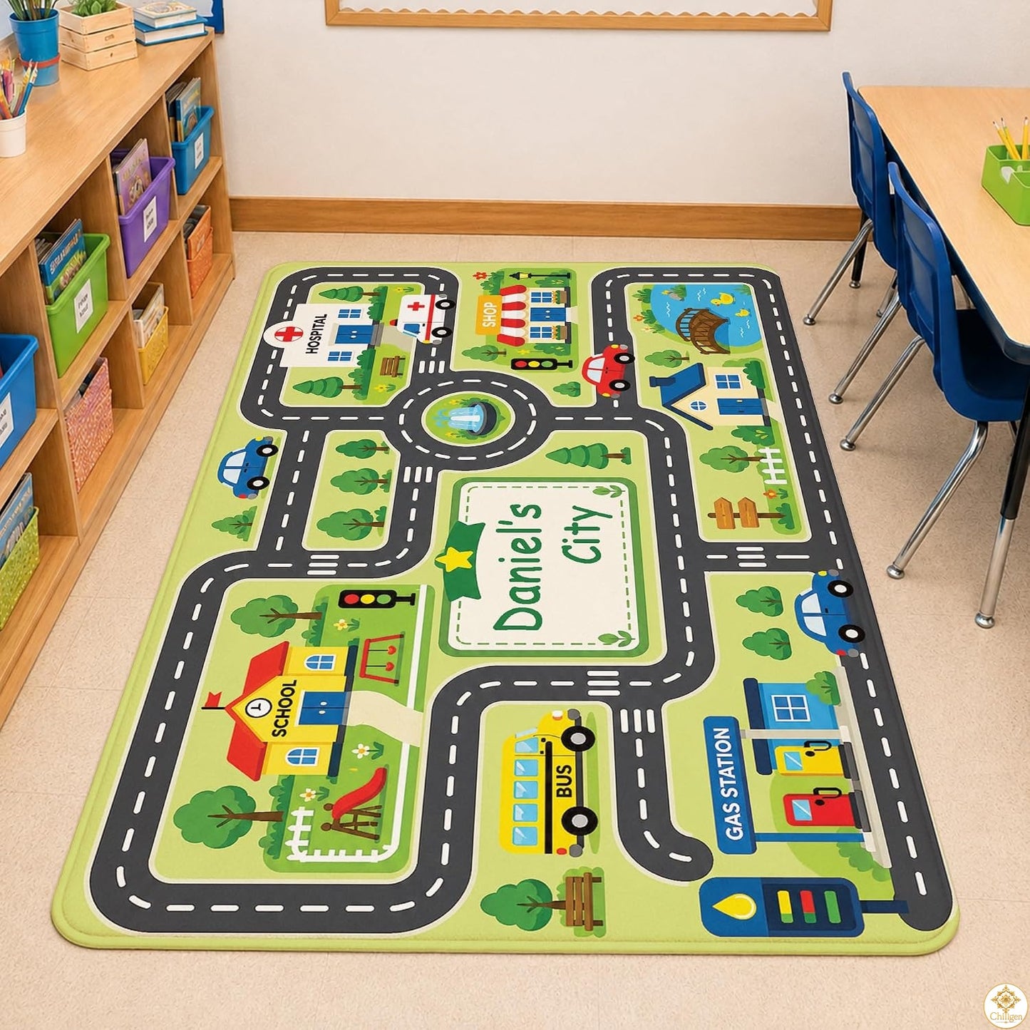 Custom Road Map Area Rug with Personalized City Street and Cars