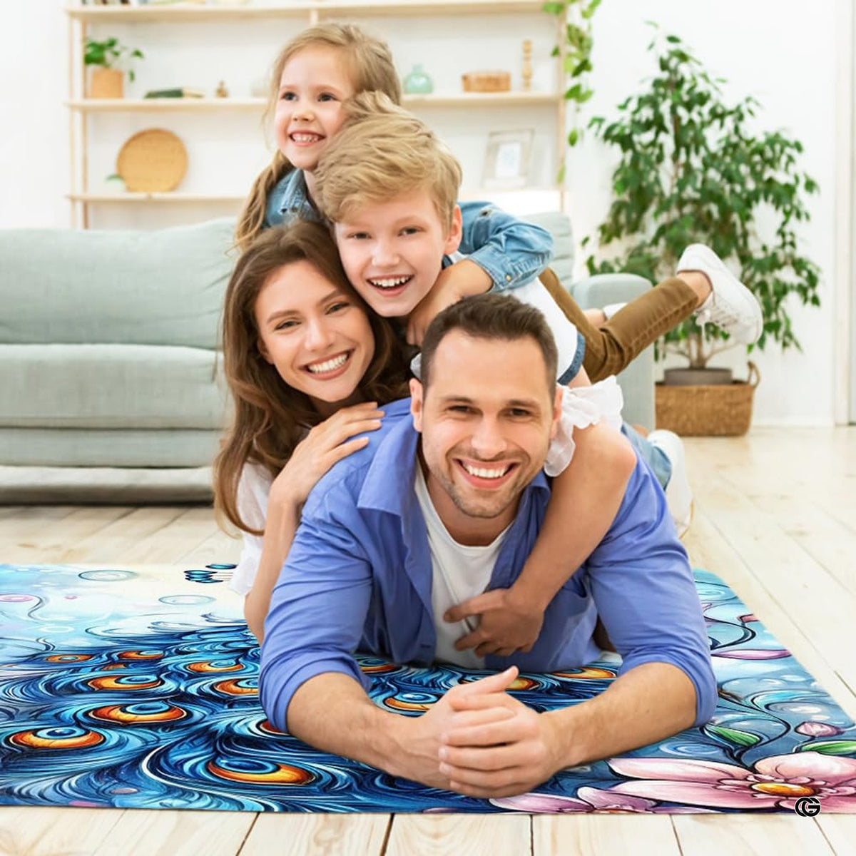Fireside lounge setting with person relaxing near the floral peacock area rug