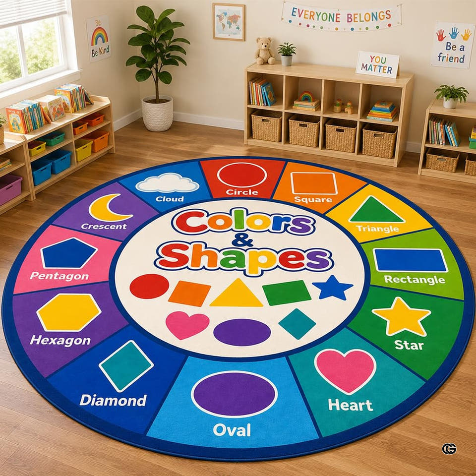 Classroom area rug featuring circular rainbow spectrum and geometric icons for kids round rug for bedroom decor