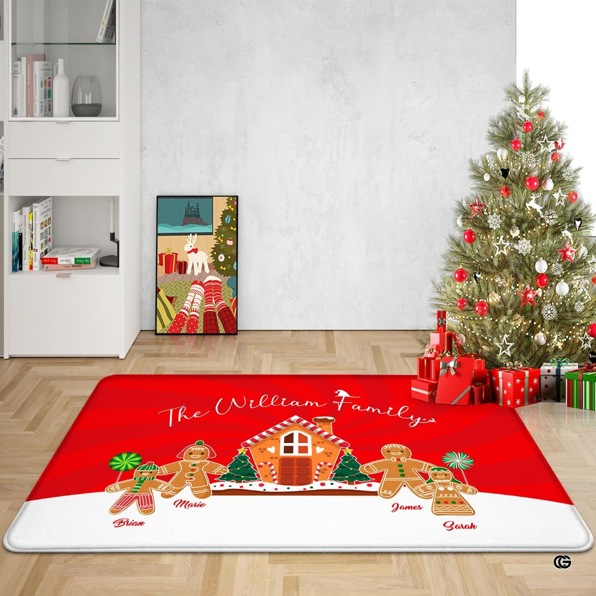 Gingerbread family Christmas carpet placed by illuminated holiday tree in modern room - image 8 of 9