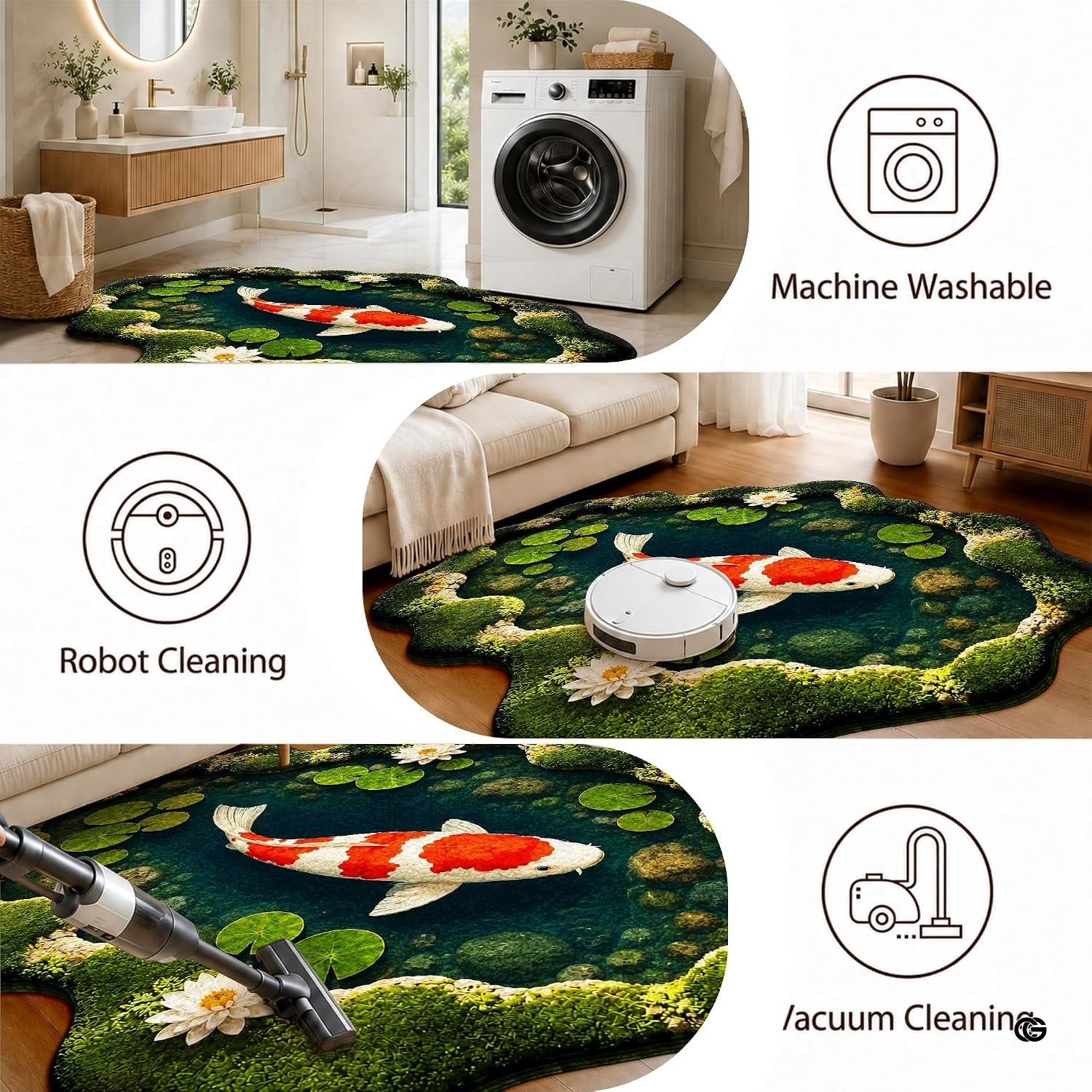 Custom Japanese Koi Fish Shaped Area Rug, Personalized 3D Optical Illusion Koi Pond Lotus Non Slip Washable Shaped Floor Mat, Fish Pond Rugs for Bedroom Living Room Decor (1, D1)