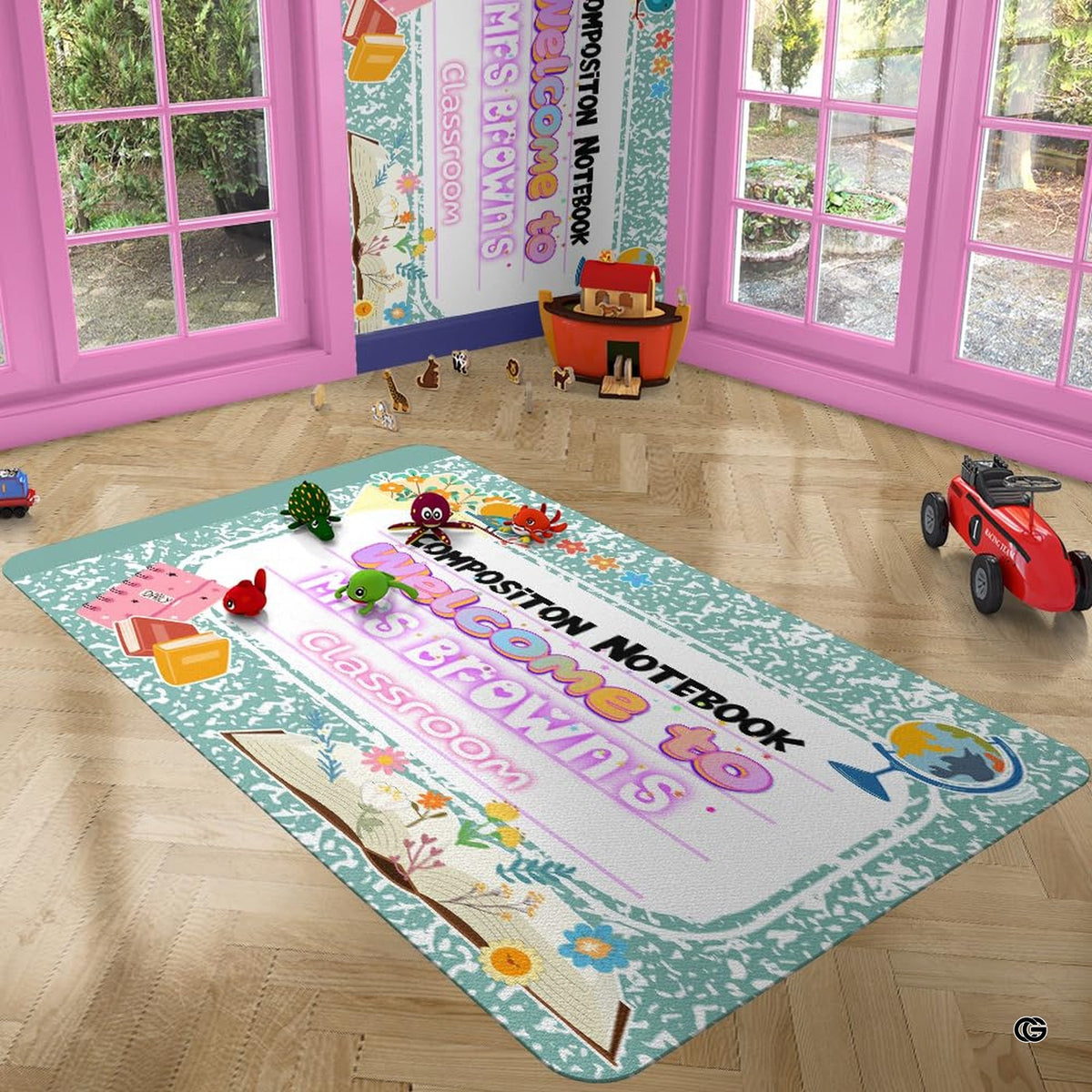 Green marbled composition notebook classroom area rug with welcome teacher banner and floral school motifs. (Angle 5)