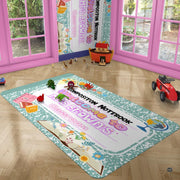 Green marbled composition notebook classroom area rug with welcome teacher banner and floral school motifs. (Angle 5) - thumbnail image 5 of 8