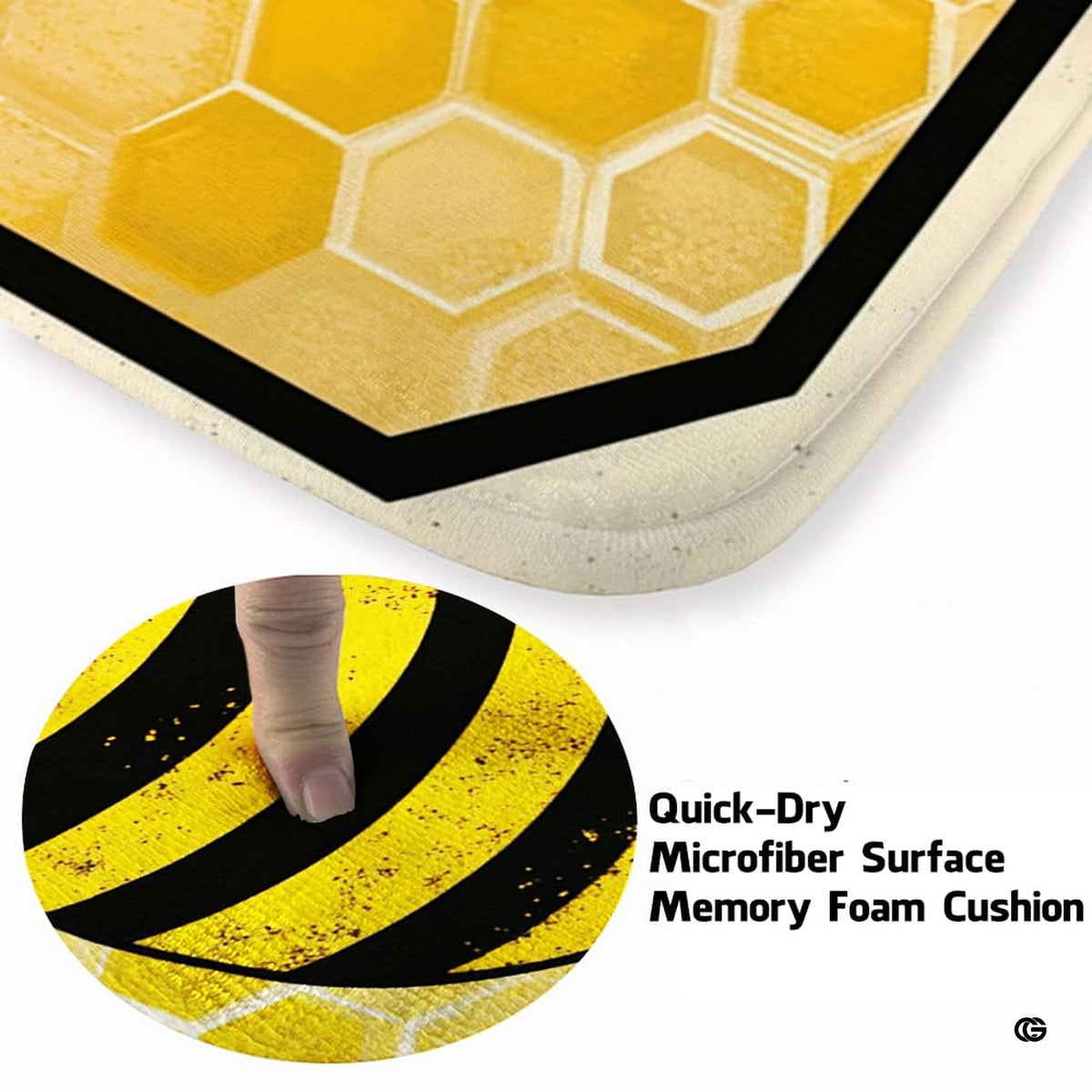 Detailed perspective of honey bee rug showing striped abdomen and hexagonal lattice border. - image 3 of 8