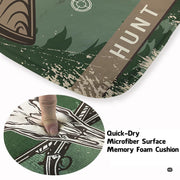 Rustic hunting lodge interior featuring a decorative accent skull and crossed rifle area rug beneath wood furnishings. - thumbnail image 3 of 7