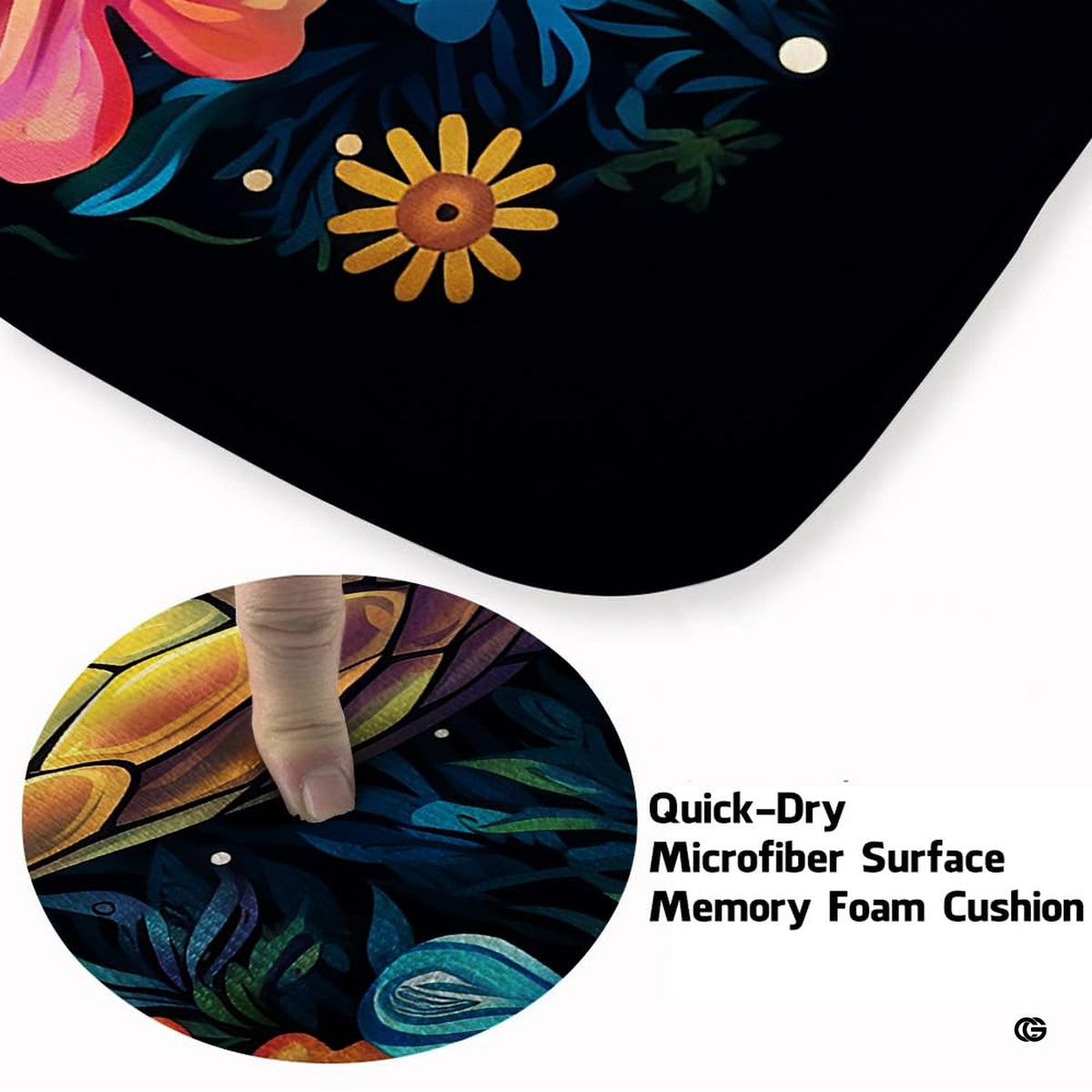 Close-up detail illustrating the colorful sea turtle shell, tropical flowers, and microfiber pile