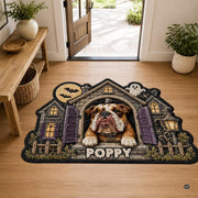 Custom Dog Photo Rug, Personalized Pet Portrait Area Mat Non Slip Indoor Door Rug for Dog Lovers, Welcome Home Decor Halloween (Haunted House)