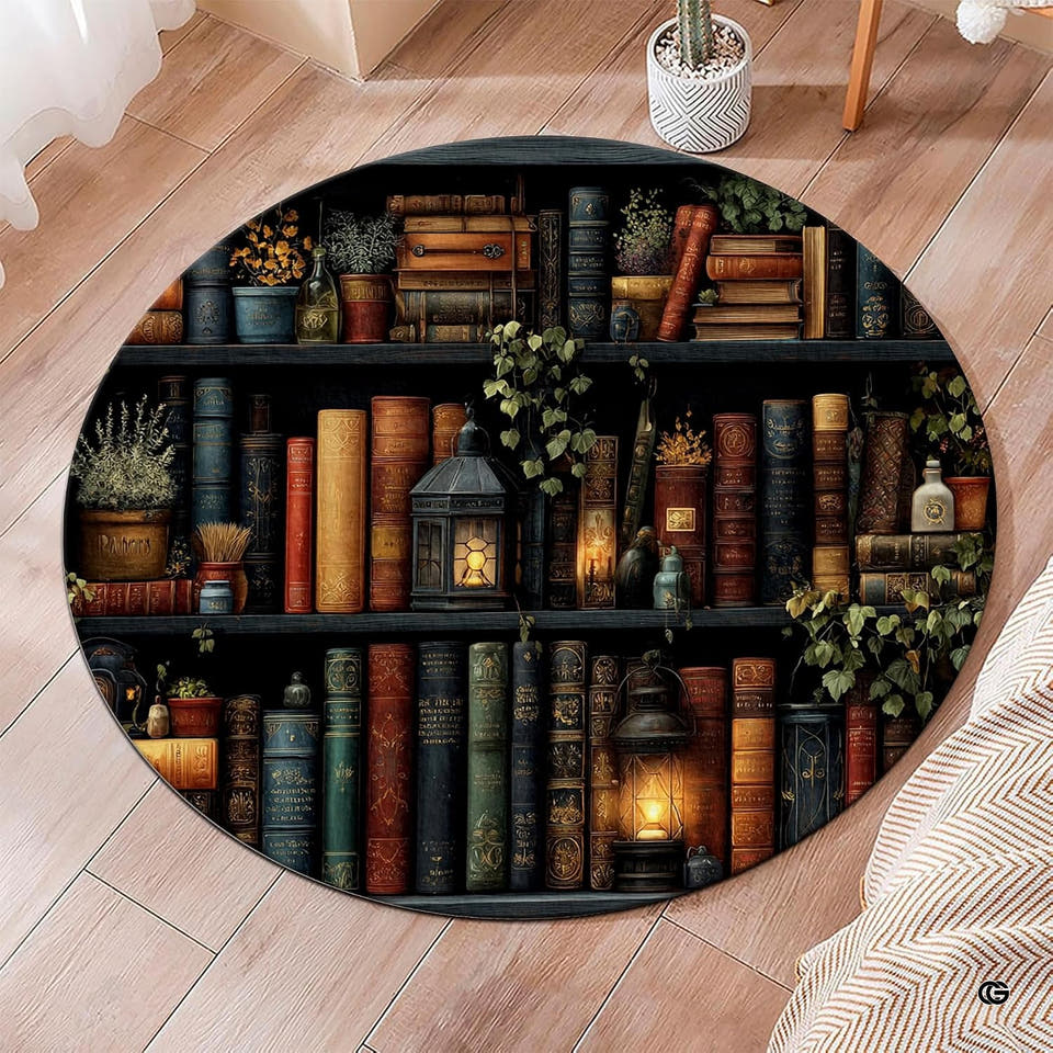 Round area rug with vintage bookshelf and lantern artwork on wood floor