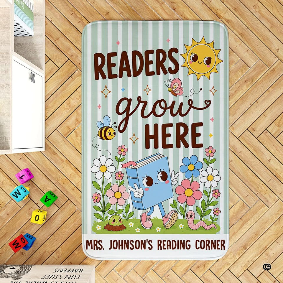 Walking storybook garden striped kids area rug in primary perspective