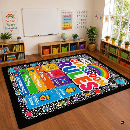 Personalized Teachers Classroom Rug, Custom Teacher Name Classroom Rules Area Rug, Feeling Chart Calming Corner Mat, Kindergarten Educational Back to School Class Decor (D7)