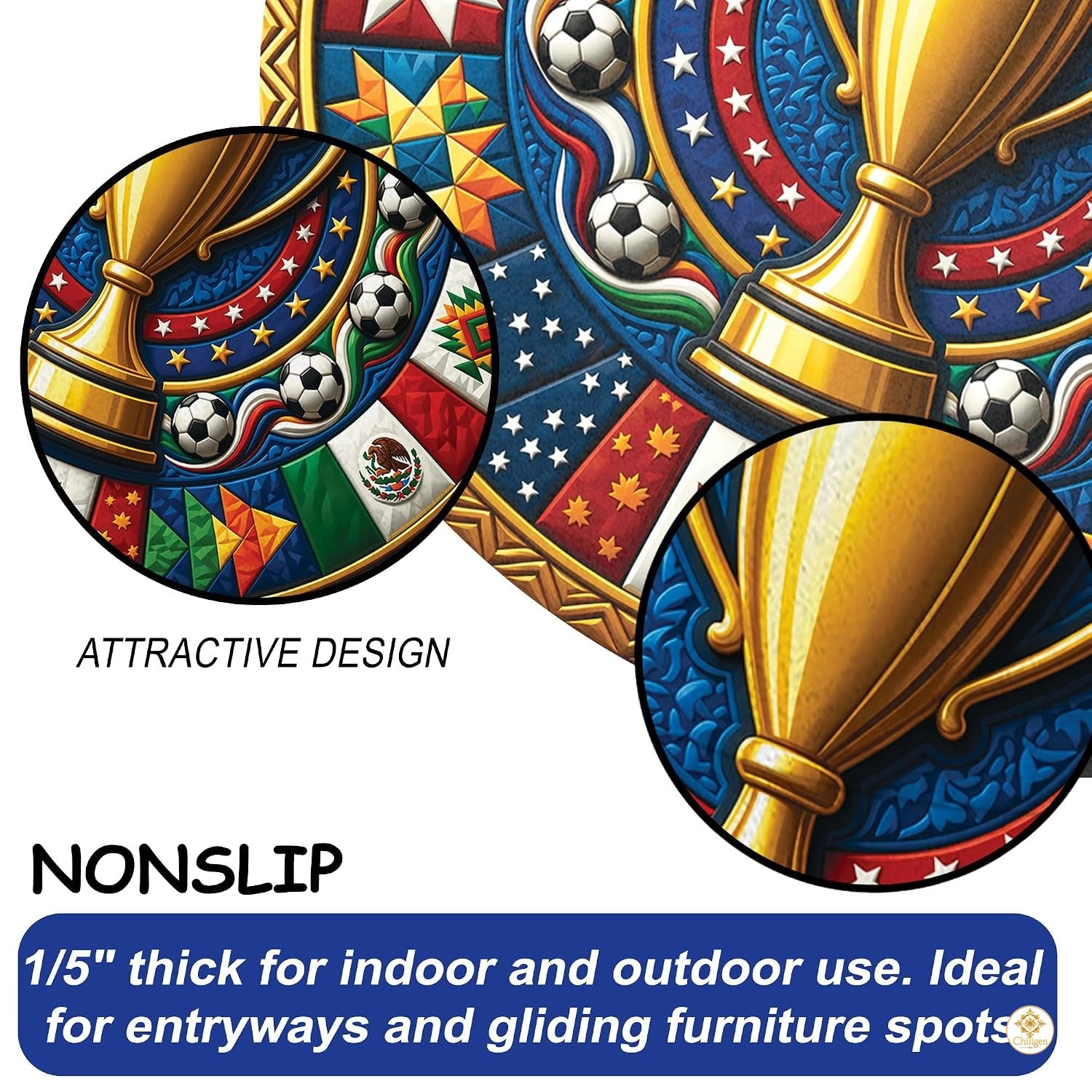 Custom Soccer Championship Round Rug with Trophy and Flag Details