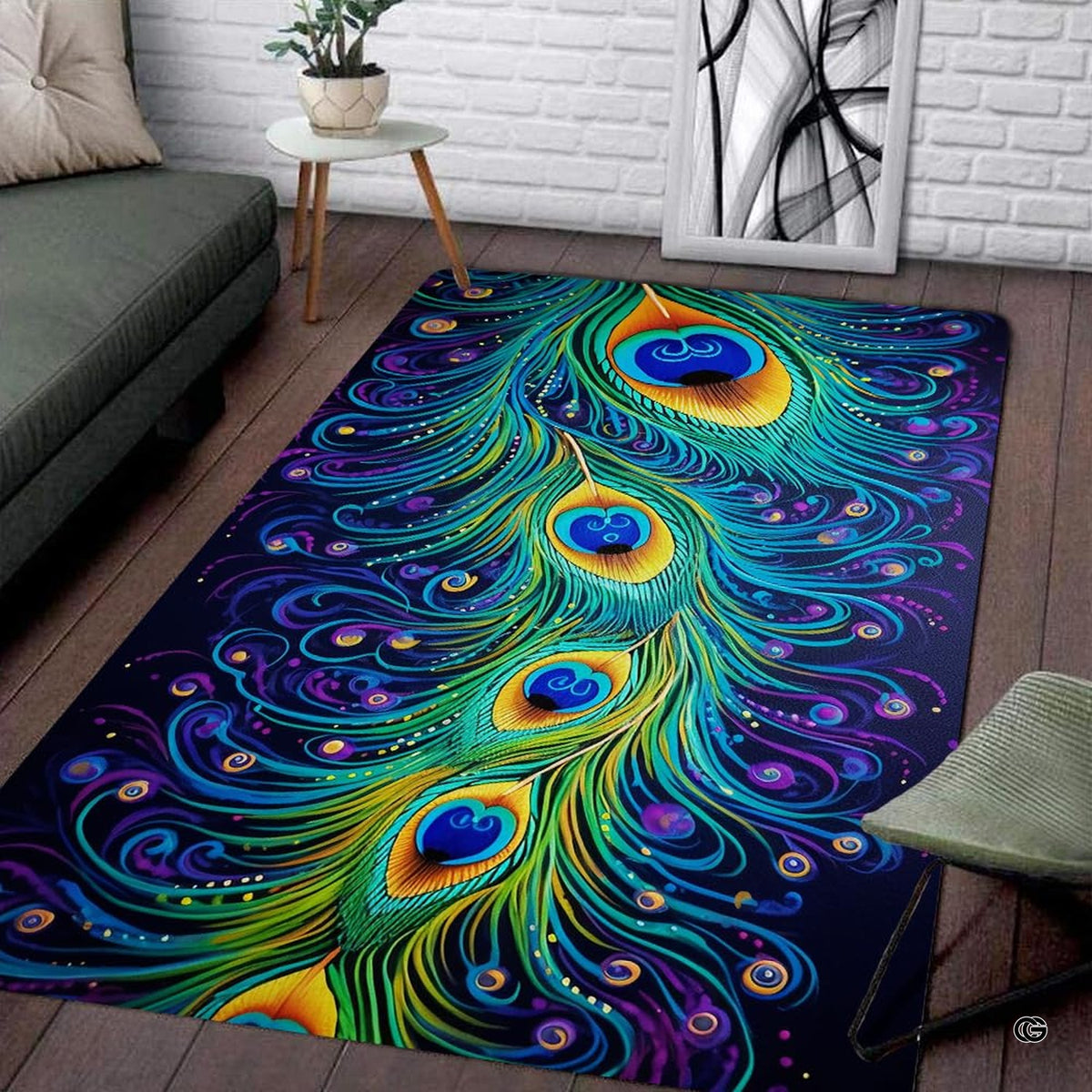 Modern living room sofa setting displaying the cascading peacock feathers wildlife area rug
