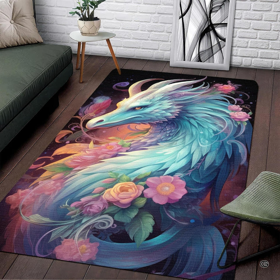 Feathered dragon fantasy floral rug with cyan plumage and pastel roses on dark celestial backdrop.