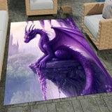 Stone patio setting featuring a majestic purple dragon cliff castle fantasy area rug