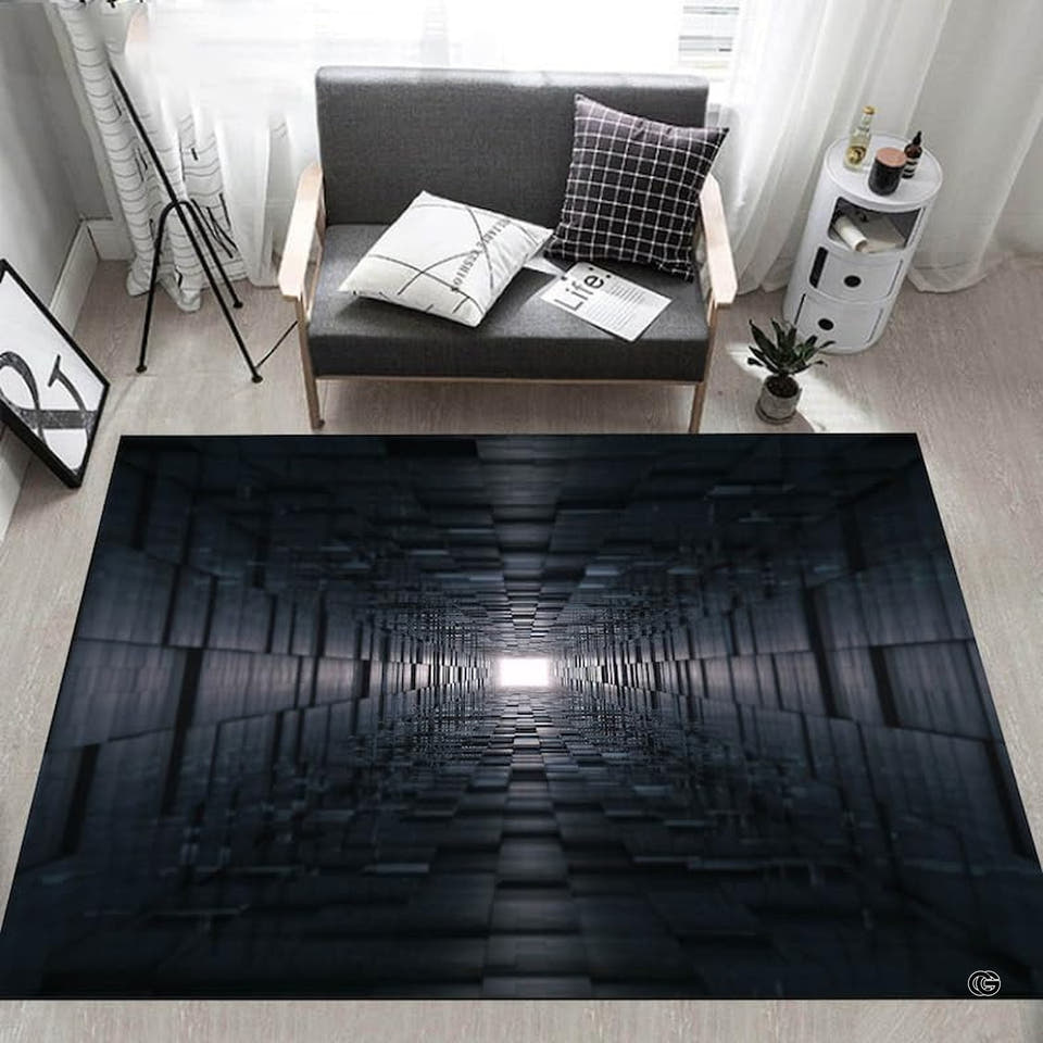 Tunnel rug showcasing an endless geometric corridor illusion with metallic gray grid blocks and central light.