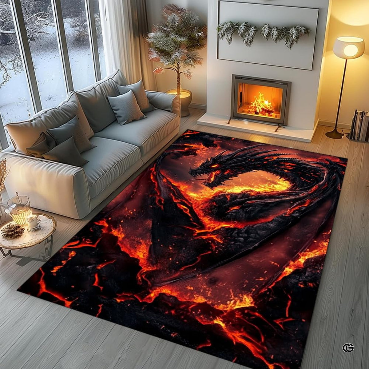 Bright sunroom setting with the fantasy lava dragon rug centered on wooden flooring