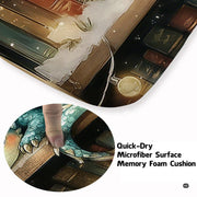 Cute baby blue dragon sleeping on a snow-dusted library bookshelf with warm festive fairy lights area rug. - thumbnail image 3 of 8