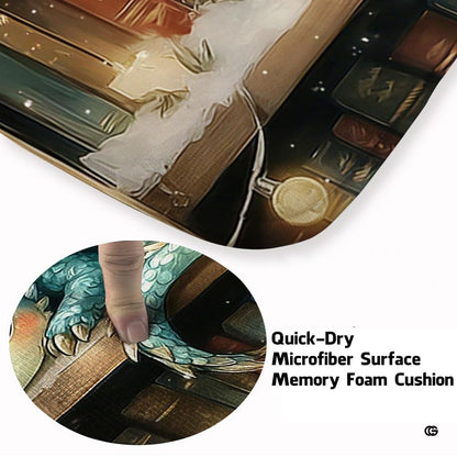 Cute baby blue dragon sleeping on a snow-dusted library bookshelf with warm festive fairy lights area rug. - thumbnail image 3 of 8