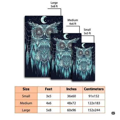 Detailed view of turquoise mandala feather illustrations on celestial owl area rug design. - thumbnail image 4 of 8