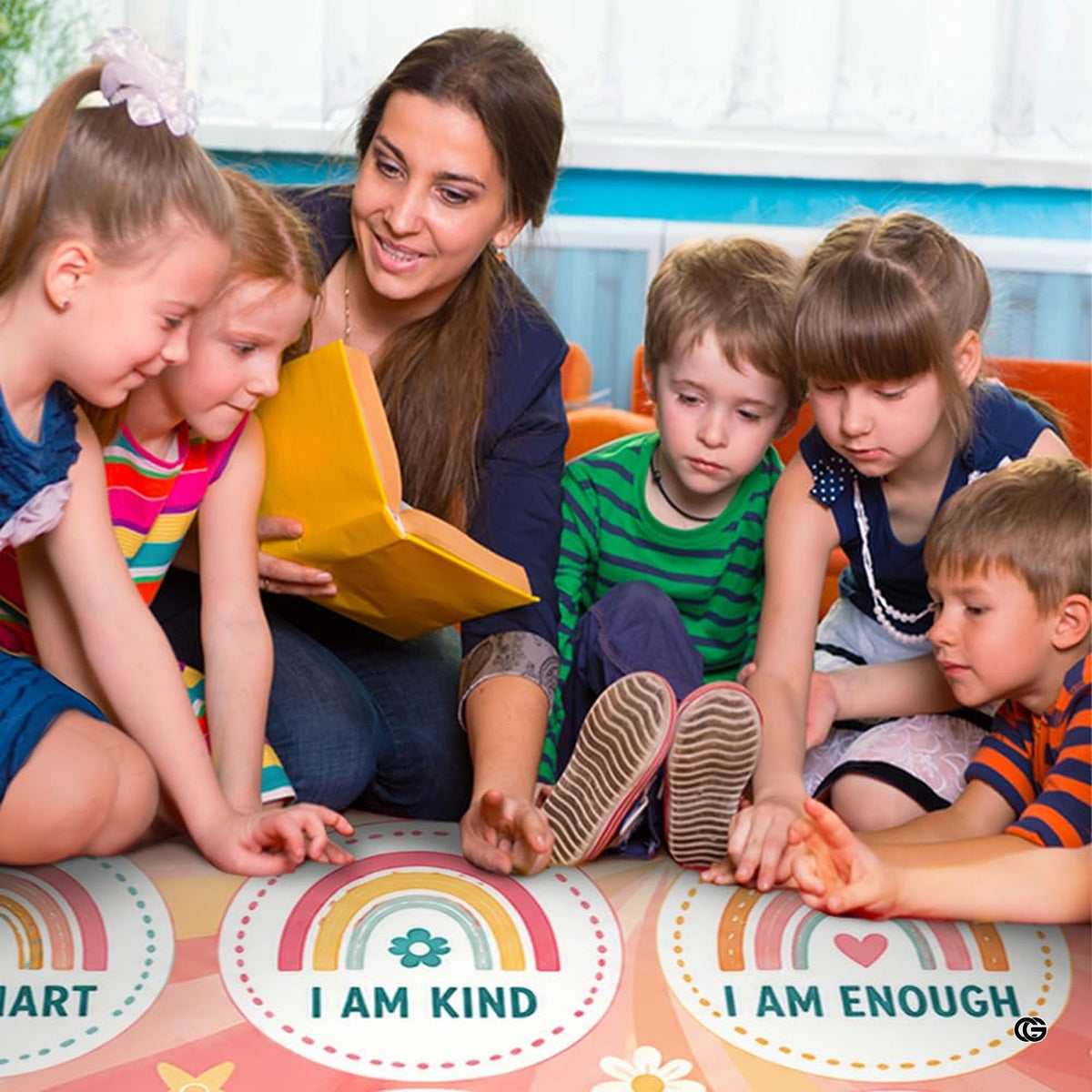 Boho rainbow affirmations classroom area rug styled in modern learning space setting