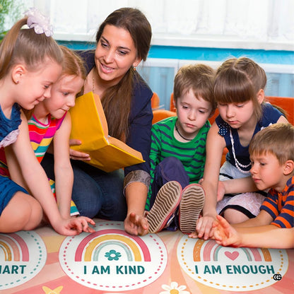 Boho rainbow affirmations classroom area rug styled in modern learning space setting - thumbnail image 5 of 7