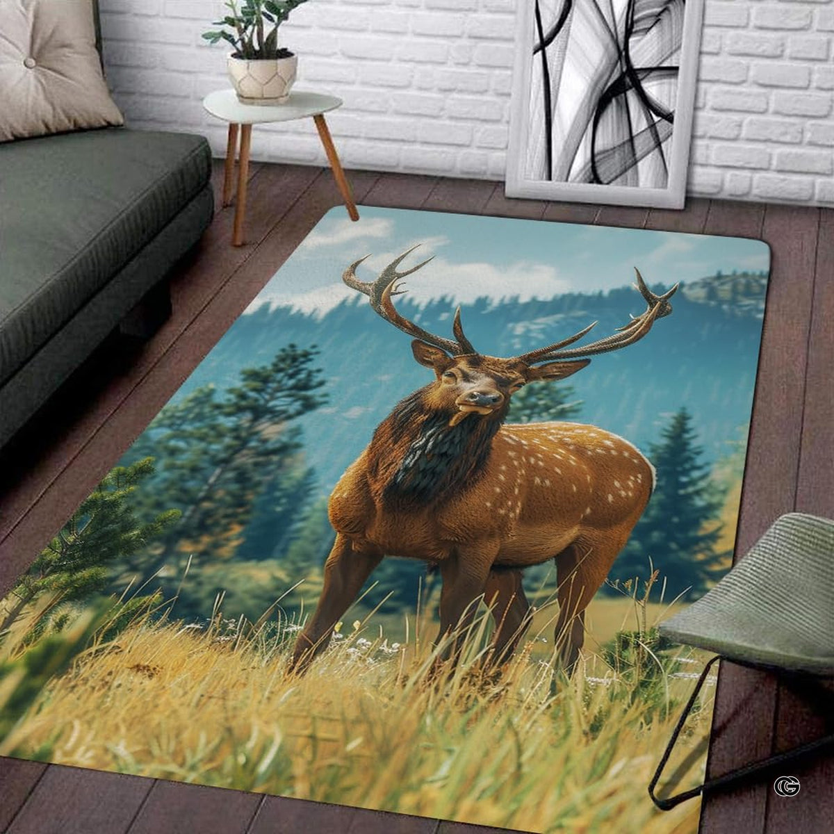 Majestic bull elk with large antlers standing in golden meadow grass before mountain pines on an area rug