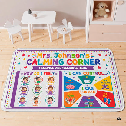 Personalized Calming Corner Rug for Classroom, Custom Teacher Name Reading Corner Rug, Emotions Feelings Carpet, Soft Fluffy Calm Corner Decor for School Reading Nook (Calming Corner Feeling)
