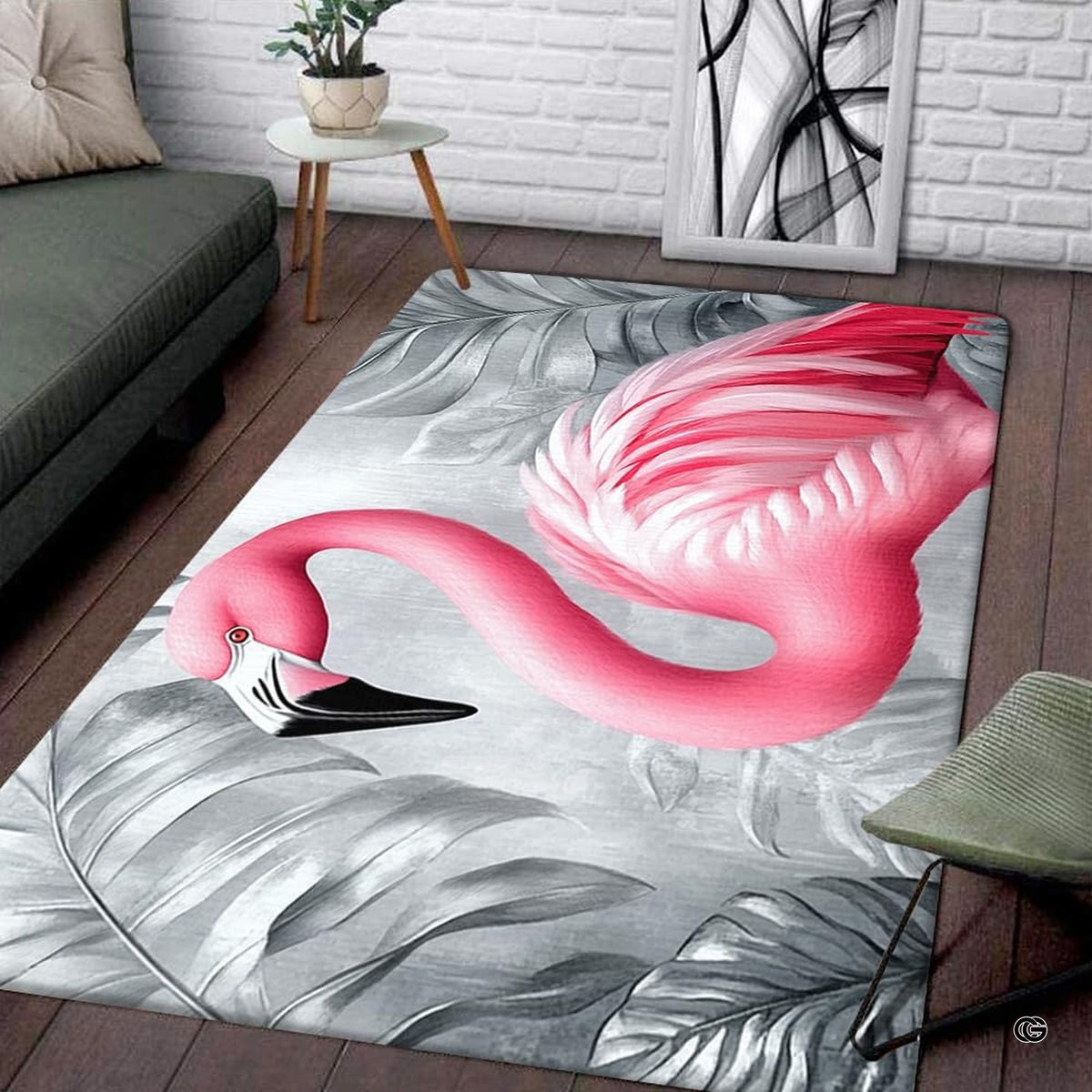 Dimensions and sizing chart for pink flamingo monochrome palm area rug