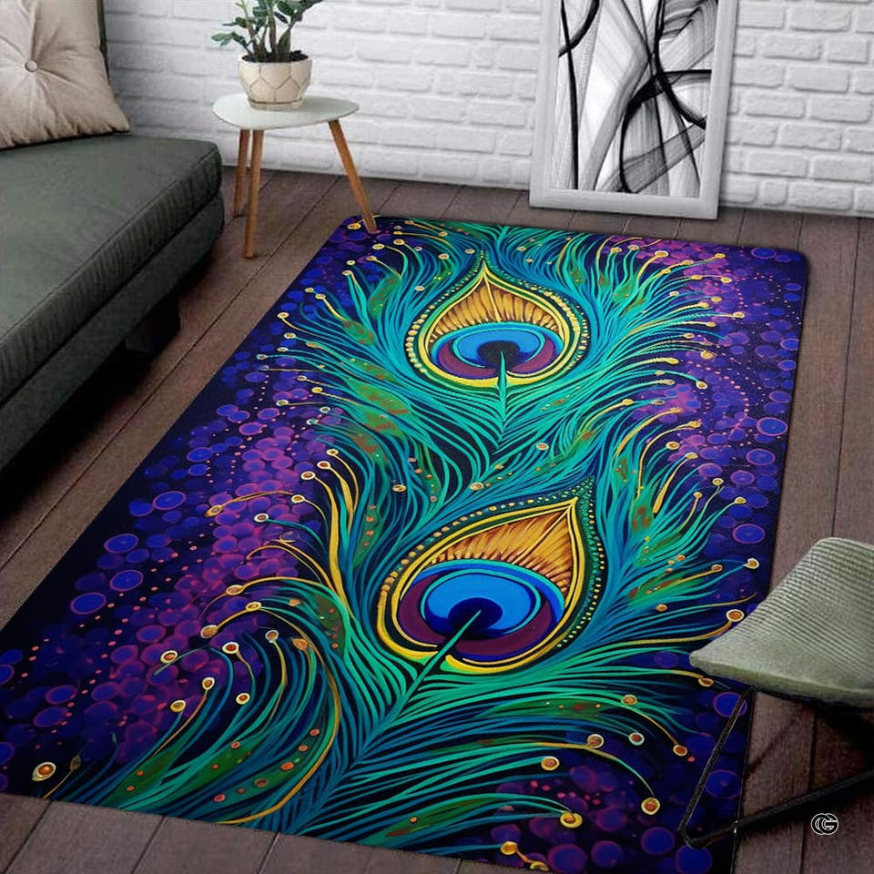 Modern living room sofa setting displaying the glowing peacock feathers wildlife area rug