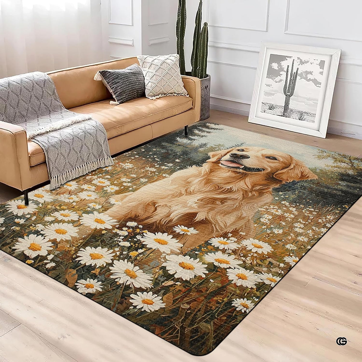 Modern lounge interior with sofa and cactus featuring the happy golden retriever floral rug - image 3 of 5