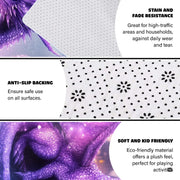 Infographic detailing the anti-slip dotted backing and durable edge stitching of the dragon rug - thumbnail image 4 of 7