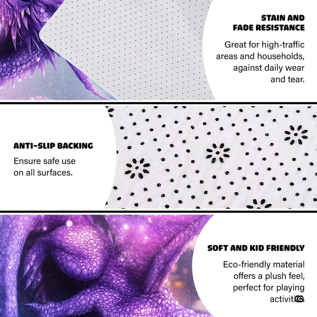 Infographic detailing the anti-slip dotted backing and durable edge stitching of the dragon rug - image 4 of 7
