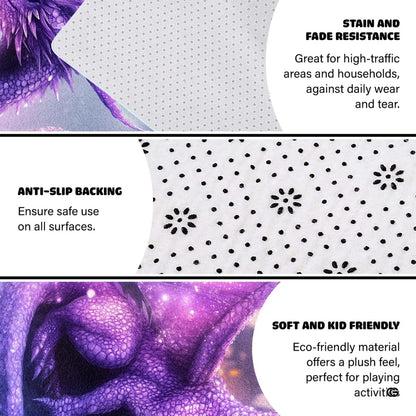 Infographic detailing the anti-slip dotted backing and durable edge stitching of the dragon rug - thumbnail image 4 of 7