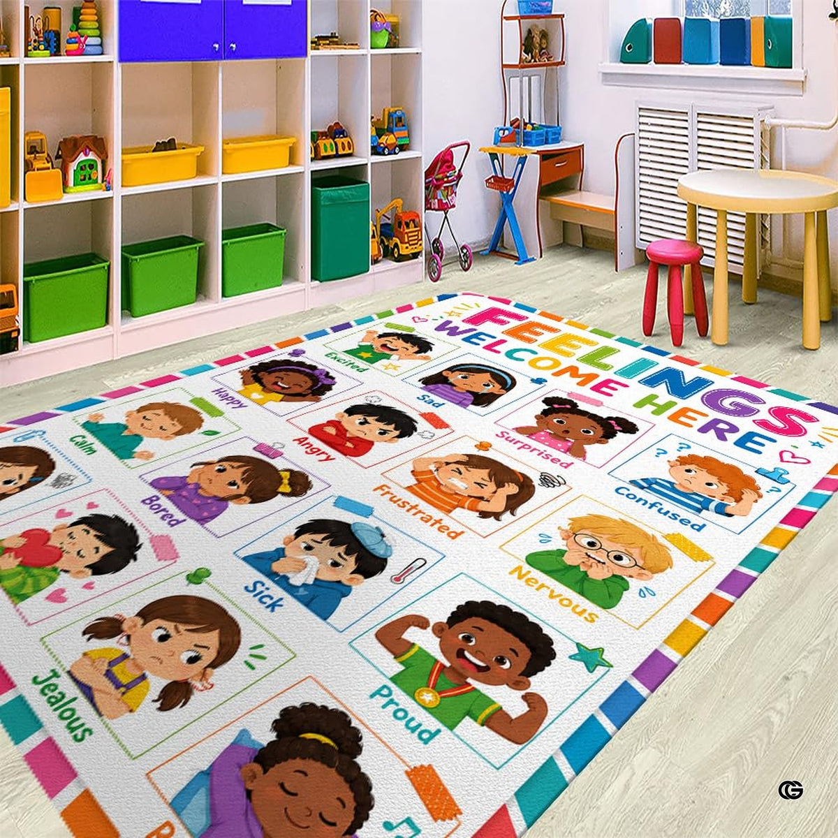 Detail of diverse children cartoon portraits on an off-white floor rug.