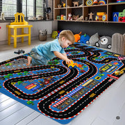 Overhead layout displaying winding raceway curves and traffic flags on floor rug - thumbnail image 4 of 9