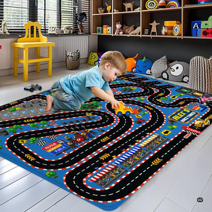 Overhead layout displaying winding raceway curves and traffic flags on floor rug - thumbnail image 4 of 9