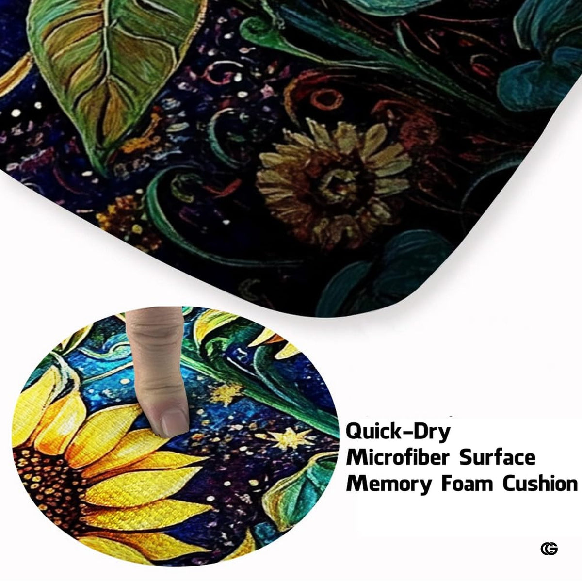 Close-up view of the soft microfiber surface, sunflower petals, and swirling celestial night sky