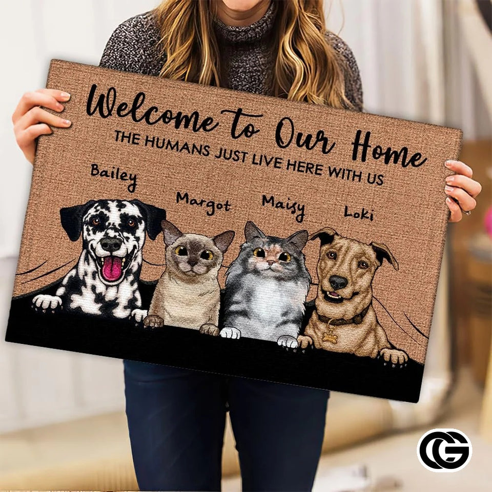 Personalized Dog Welcome Doormat for Front Door and Entryway - 4 Pets