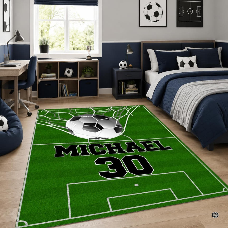 Soccer area rug showcasing green field lines and ball striking the goal net in a sporty room.