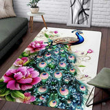 Living room setting featuring a pink peony peacock diamond feather wildlife area rug