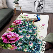 Living room setting featuring a pink peony peacock diamond feather wildlife area rug - thumbnail image 1 of 8
