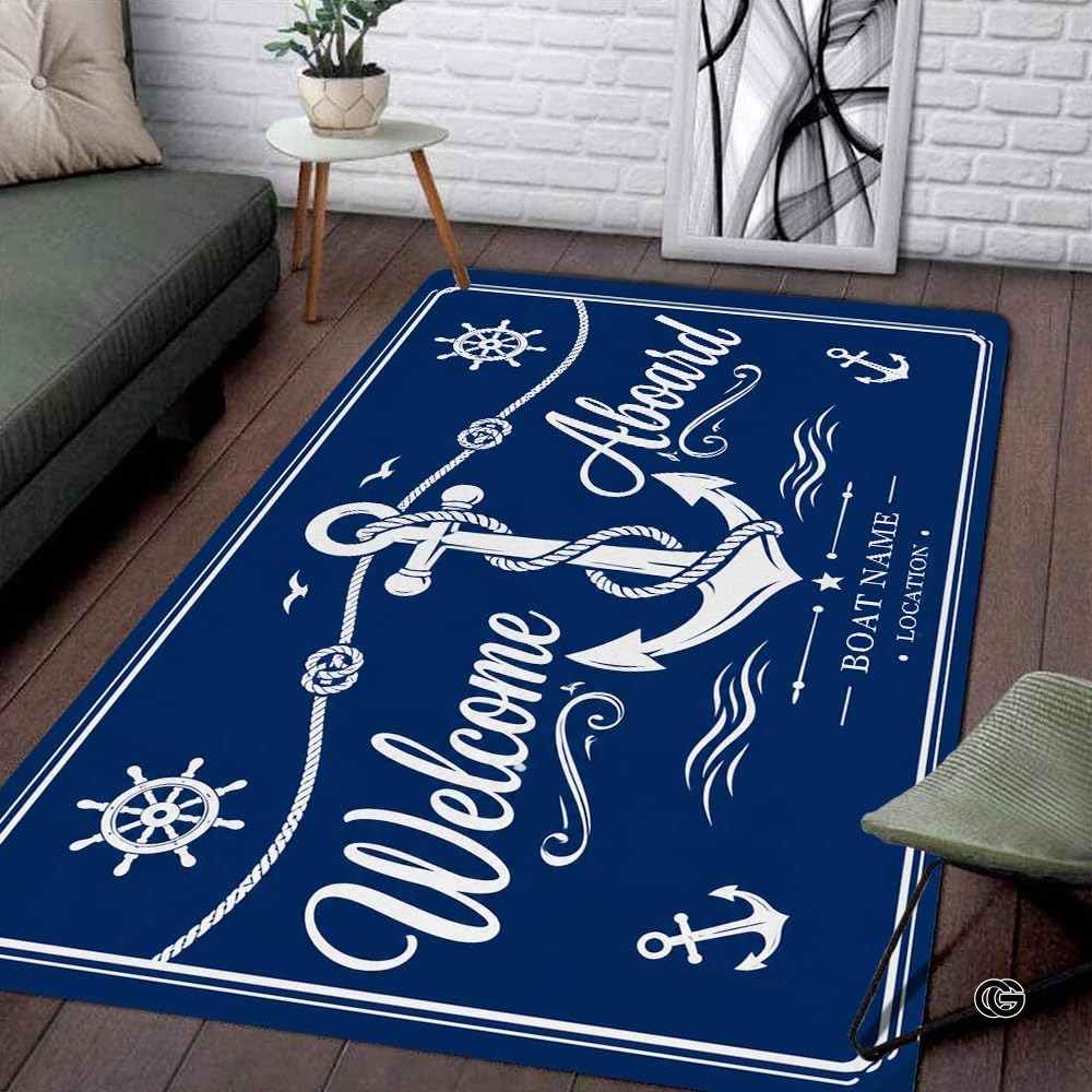 Custom Boat Rug, Personalized Welcome Aboard Mat with Boat Name, Nautical Area Rug for Deck, Entryway or Floor, Anchor Marine Decor, Boating Gift (Boat Rug 07)