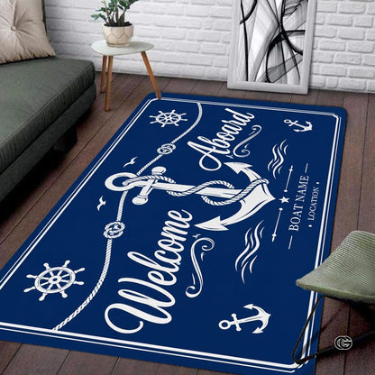 Custom Boat Rug, Personalized Welcome Aboard Mat with Boat Name, Nautical Area Rug for Deck, Entryway or Floor, Anchor Marine Decor, Boating Gift (Boat Rug 07)