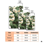 Dimensions and sizing options chart for woodland camo deer buck living room area rug - thumbnail image 2 of 7