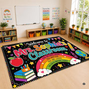 Personalized Teacher Classroom Rug, Custom Back to School Welcome Mat with Name, Kindergarten Preschool Elementary Decor, Composition Notebook Carpet (A10)