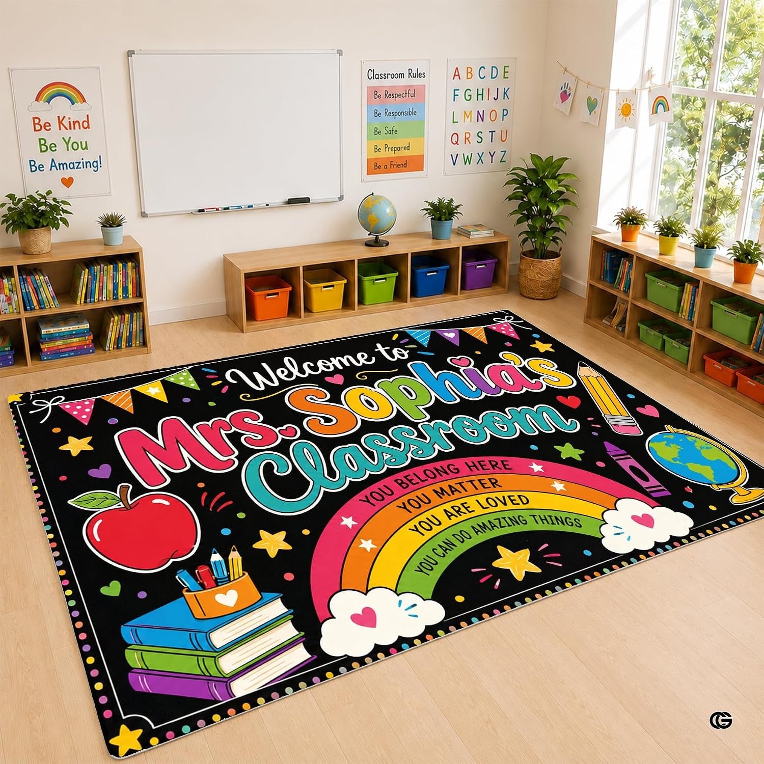 Personalized Teacher Classroom Rug, Custom Back to School Welcome Mat with Name, Kindergarten Preschool Elementary Decor, Composition Notebook Carpet (A10)